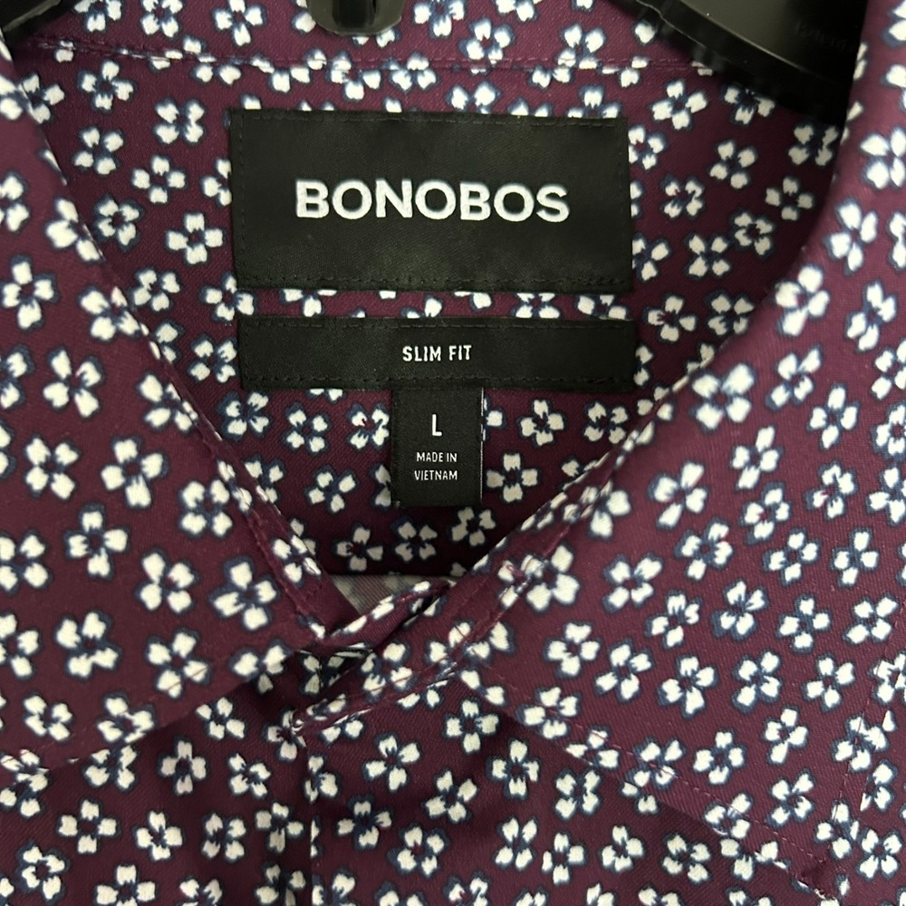 Bonobos Mens L Slim Fit Shirt LS Button Down Stretch Burgundy White Flowers - Picture 8 of 14
